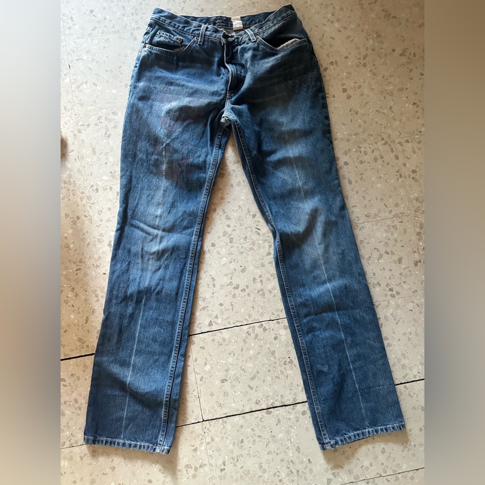 Marc Jacobs Blue Straight Leg Jeans 90s with a spider web design Y2K